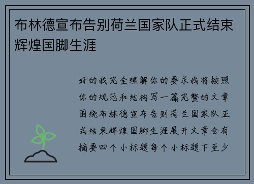 布林德宣布告别荷兰国家队正式结束辉煌国脚生涯
